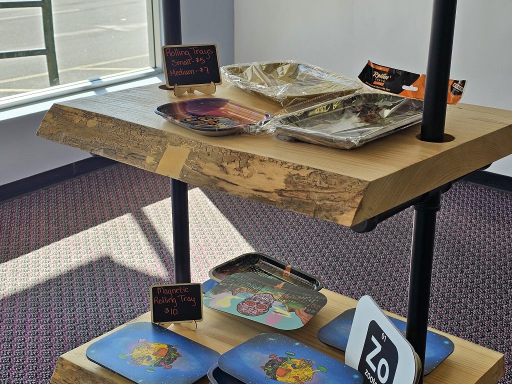 Cannabis accessories and merchandise displayed inside Daily Buds