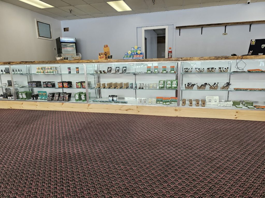 Cannabis display cases inside Daily Buds Dispensary in Winslow, Maine