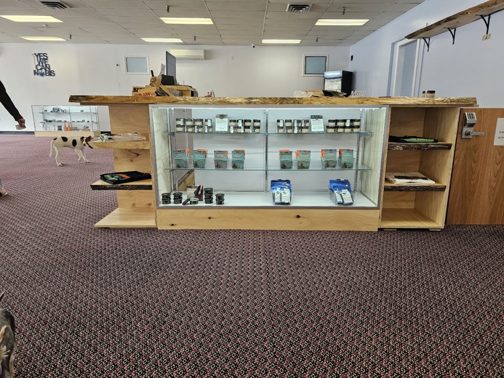 Cannabis products displayed at the Daily Buds checkout counter